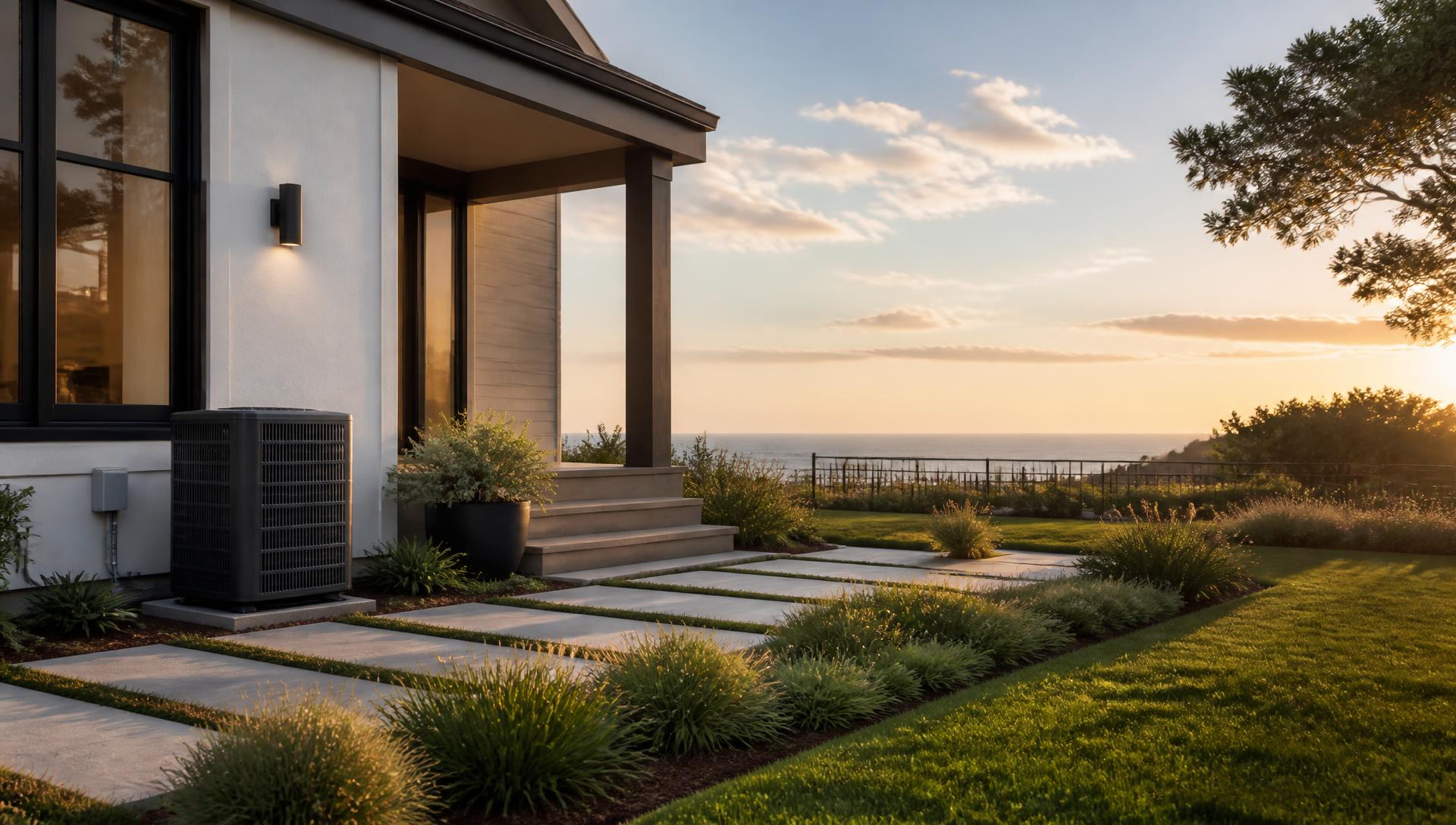 Premium coastal home with modern HVAC system at sunset
